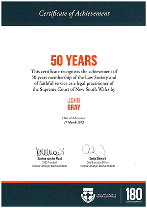 John Gray 50 years certificate